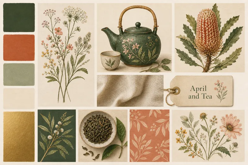 A mood board of botanical drawings, tea and linen in soft green and terracotta