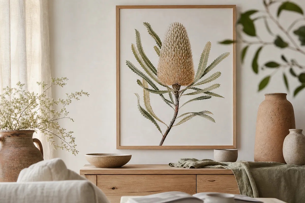 Large banksia botanical print in an oak frame above a timber console