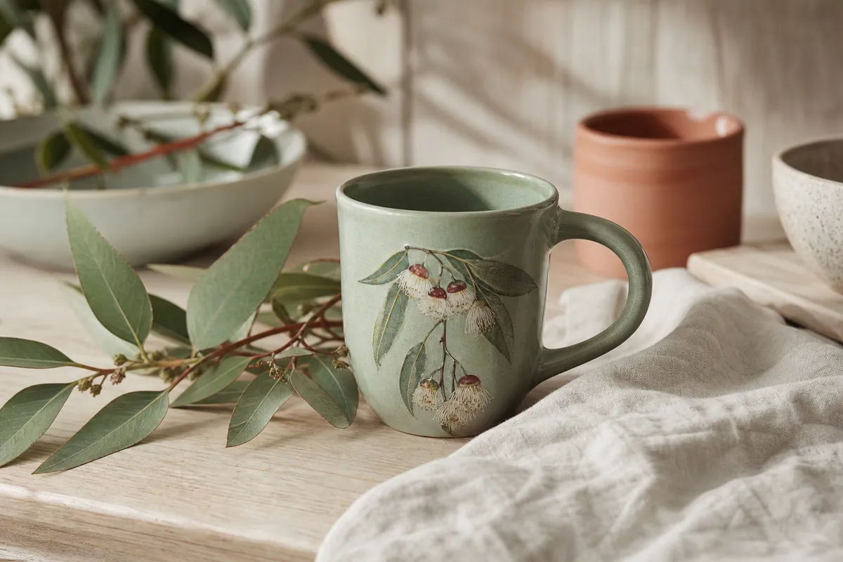 Sage green mug with a gum blossom sprig beside eucalyptus leaves