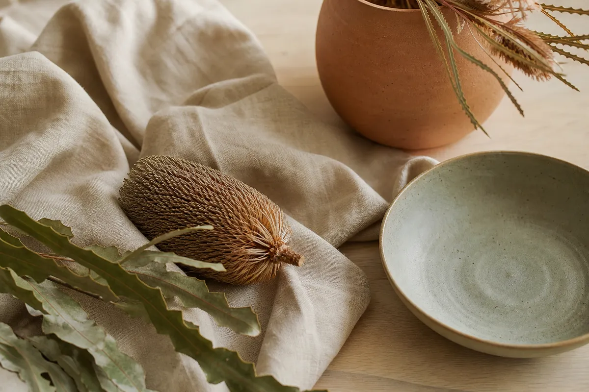 Flat lay of linen, banksia pods, terracotta pot and a sage dish