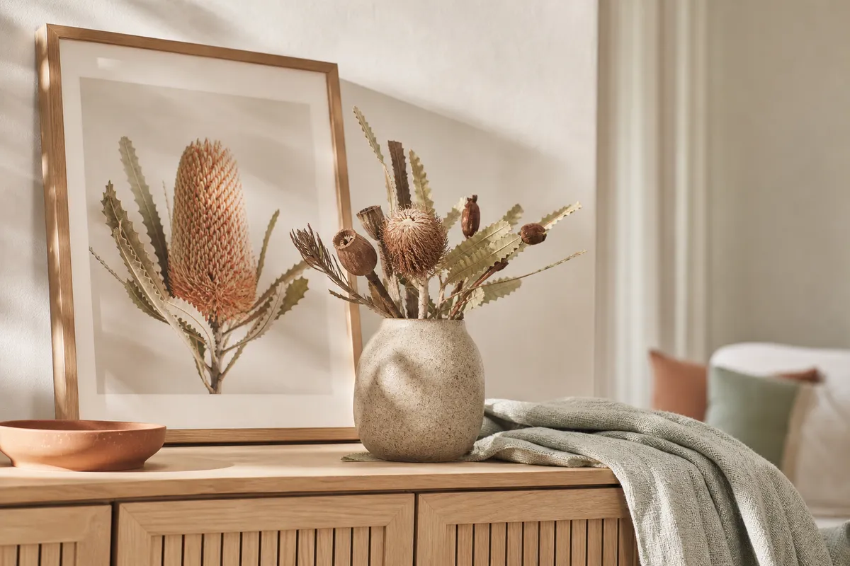 Framed banksia print above a timber sideboard with native seed pods in a vase