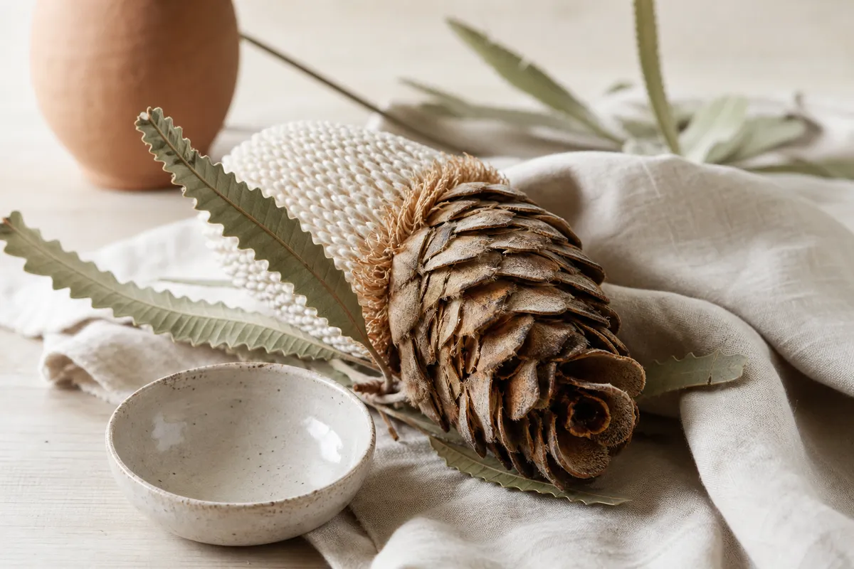 Banksia cone and seed pods on a linen cloth beside a ceramic dish