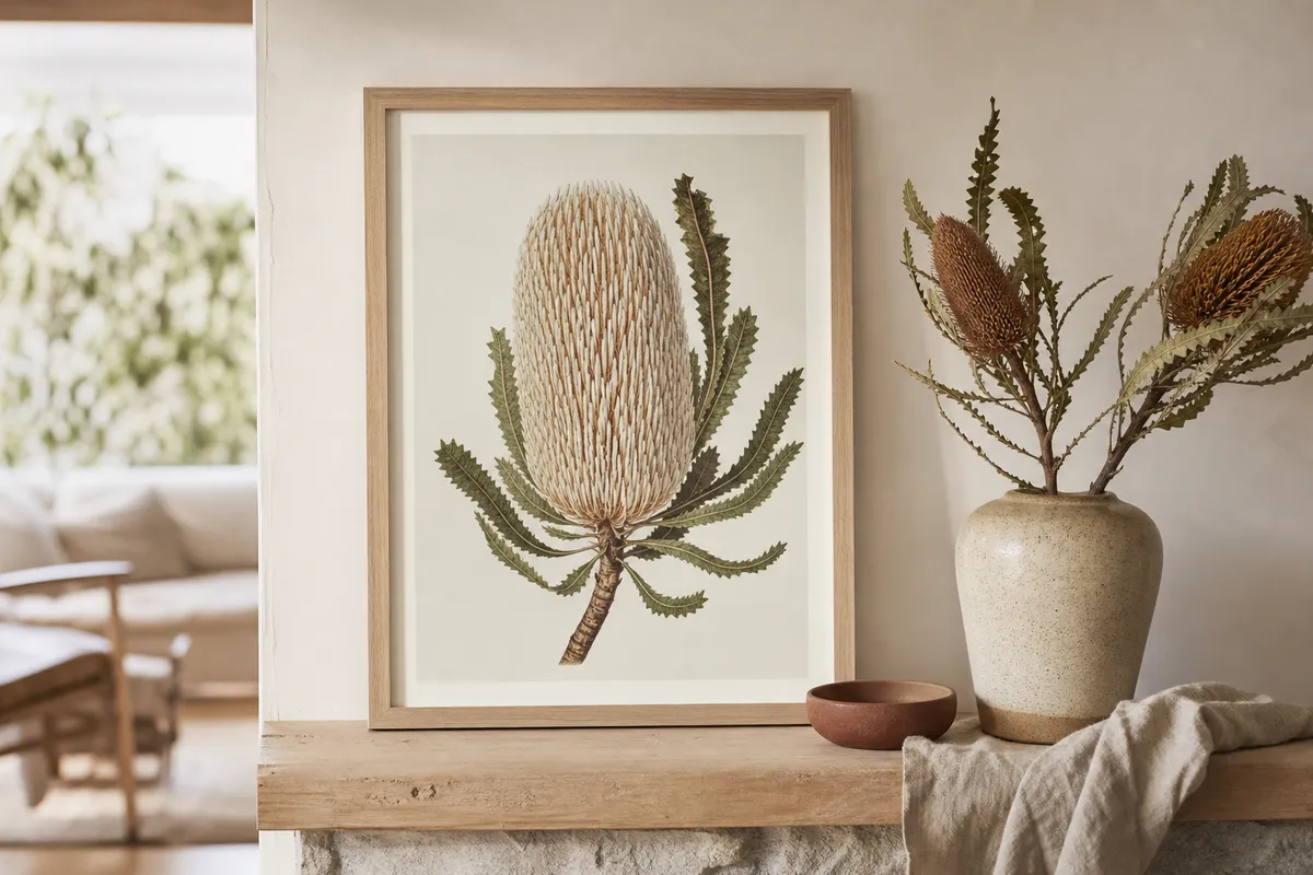 Framed banksia print on a mantel beside a vase of dried native stems