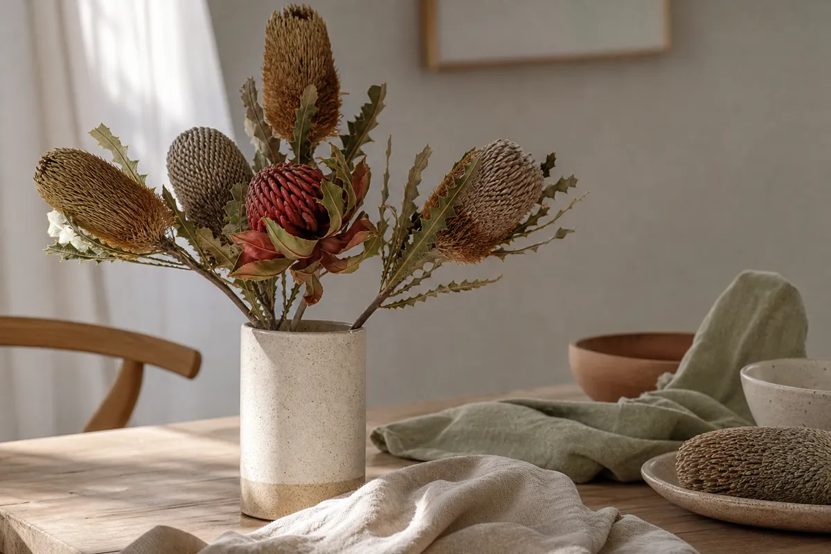 Dried banksia cones and a waratah stem in a pale ceramic vase on a timber table