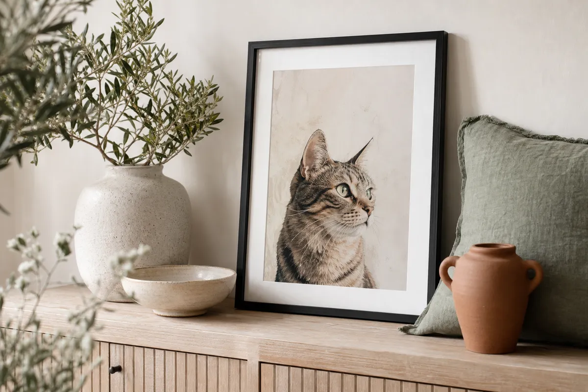 Cat portrait print in a black frame beside a linen cushion