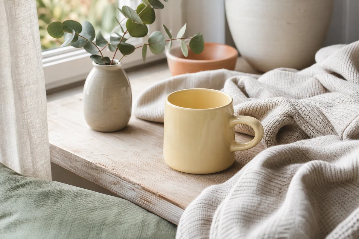 Butter yellow mug on a windowsill beside a folded blanket