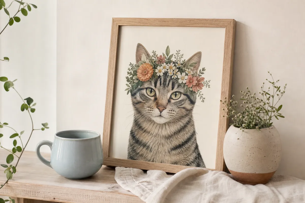 Framed tabby cat illustration beside a powder blue mug and a small plant