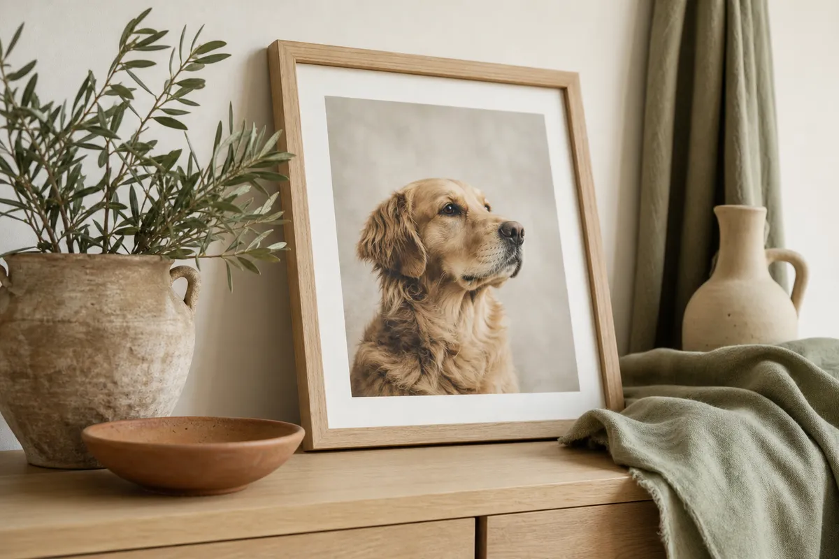 Dog portrait print in an oak frame on a hallway shelf