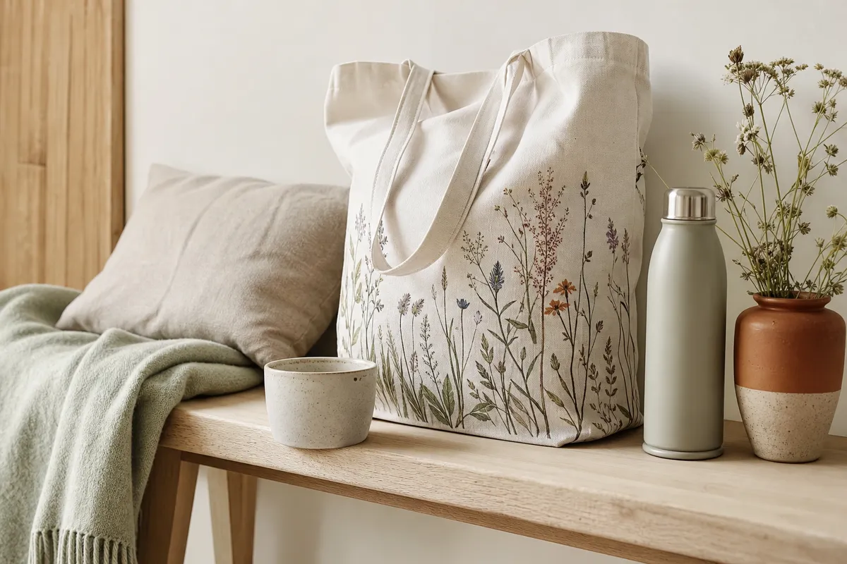 Cotton tote bag on a timber bench with a flask and folded blanket