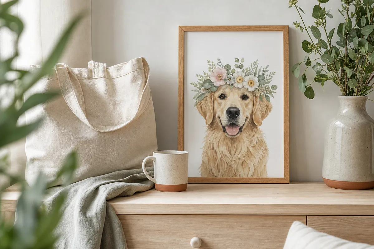 Framed golden retriever illustration beside a cotton tote and a ceramic mug