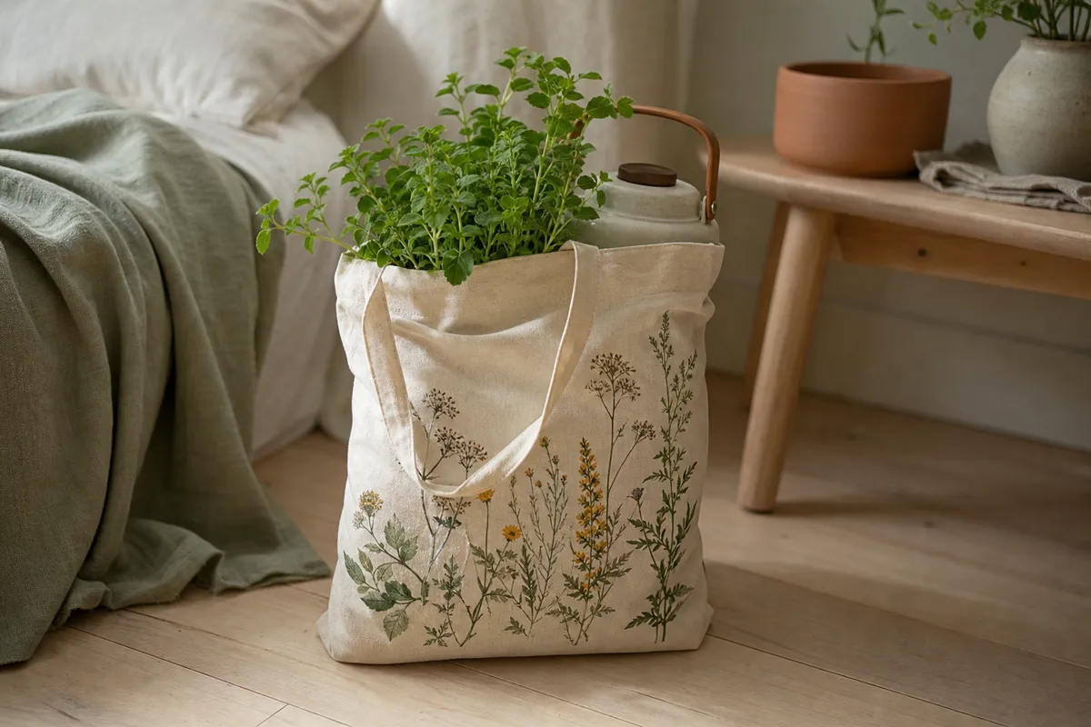 Cotton tote bag holding a plant and a kettle on a timber floor