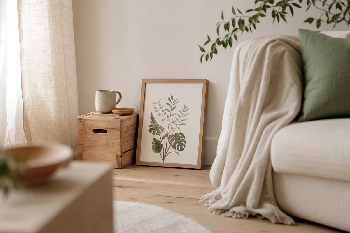 Small framed botanical print and a ceramic mug in a bright new living room