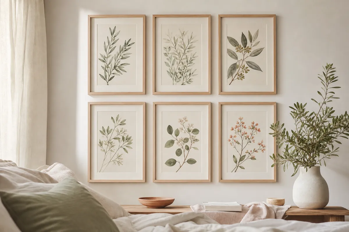 Two by three grid of matching framed prints with even gaps