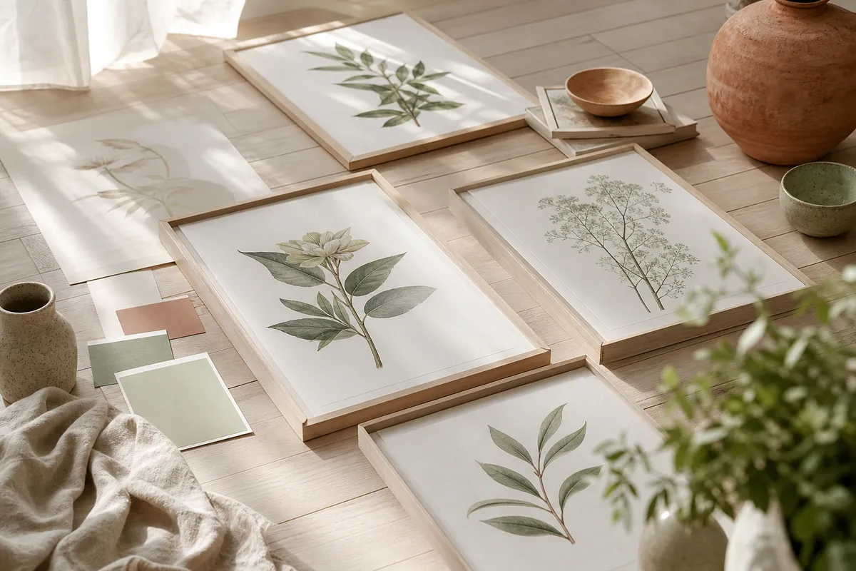 Framed prints laid out on a timber floor to plan a gallery wall