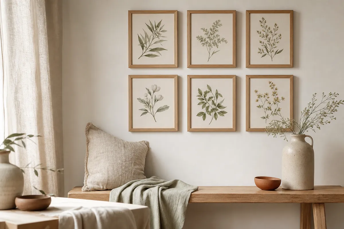 Grid of six small framed botanical prints in oak frames on a pale wall