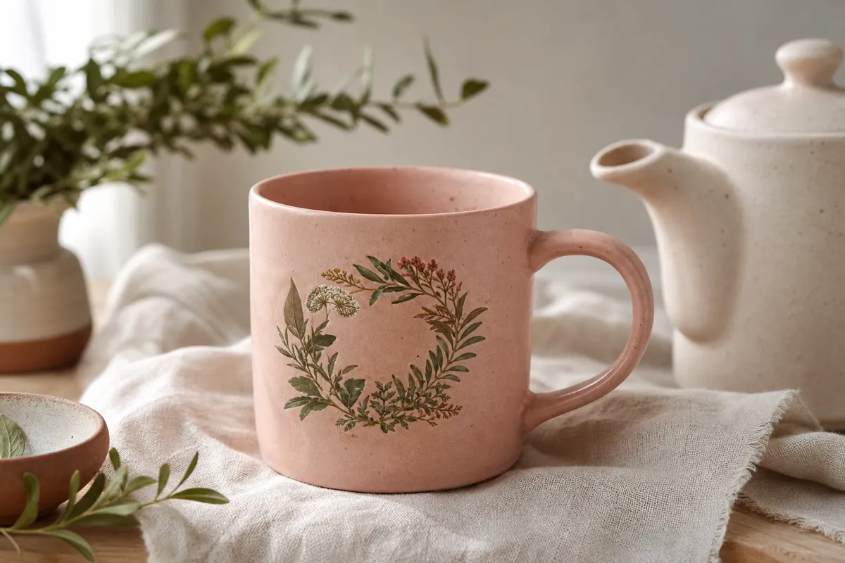 Blush pink ceramic mug with a botanical wreath beside a teapot