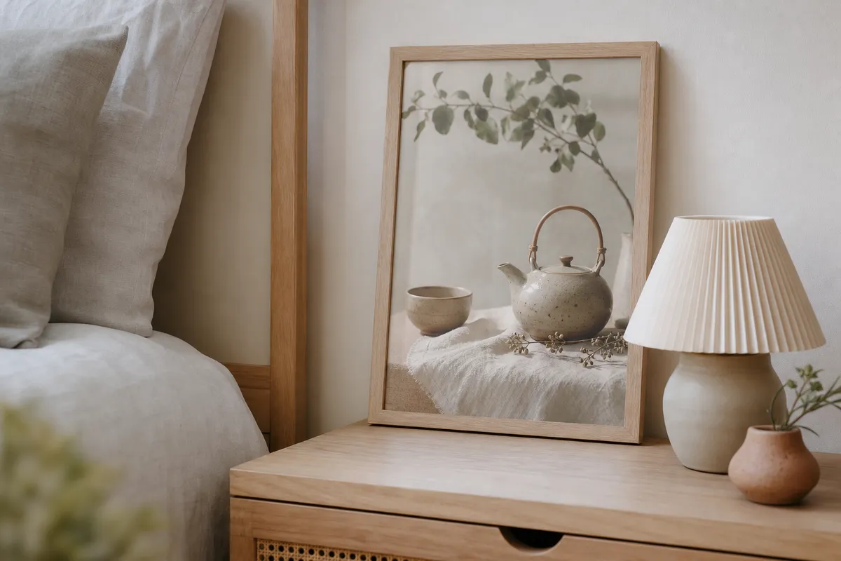 Small framed teapot still life print on a bedside table