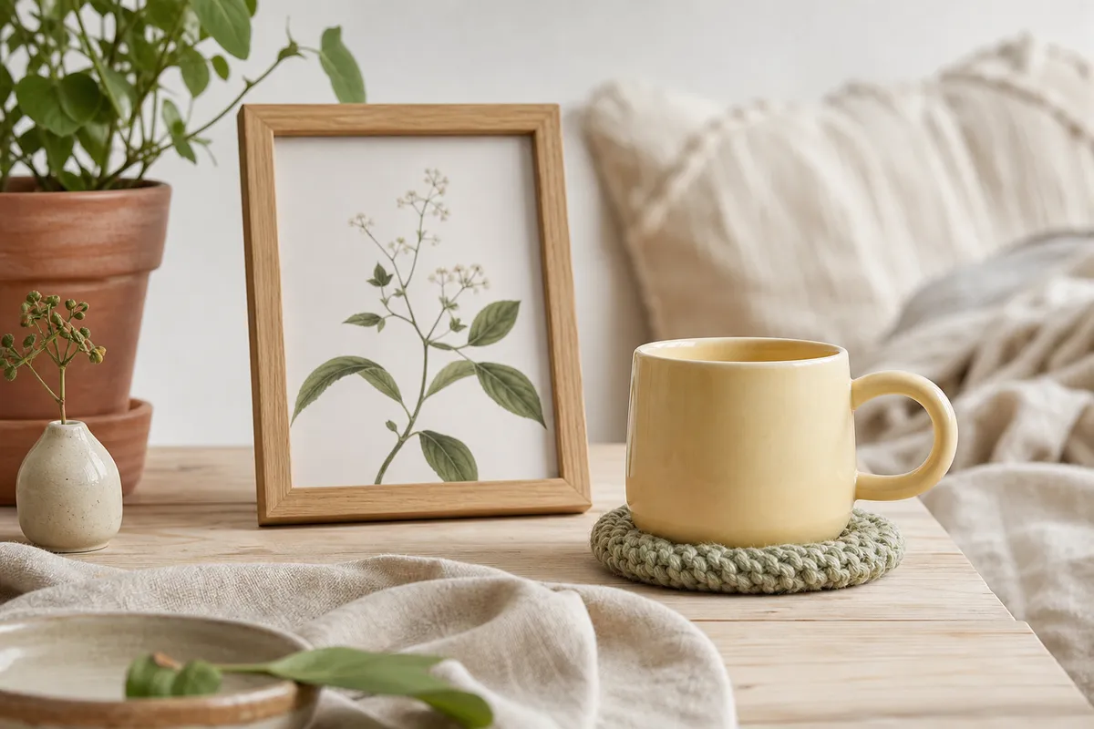 Butter yellow mug beside a small framed botanical print on a timber table