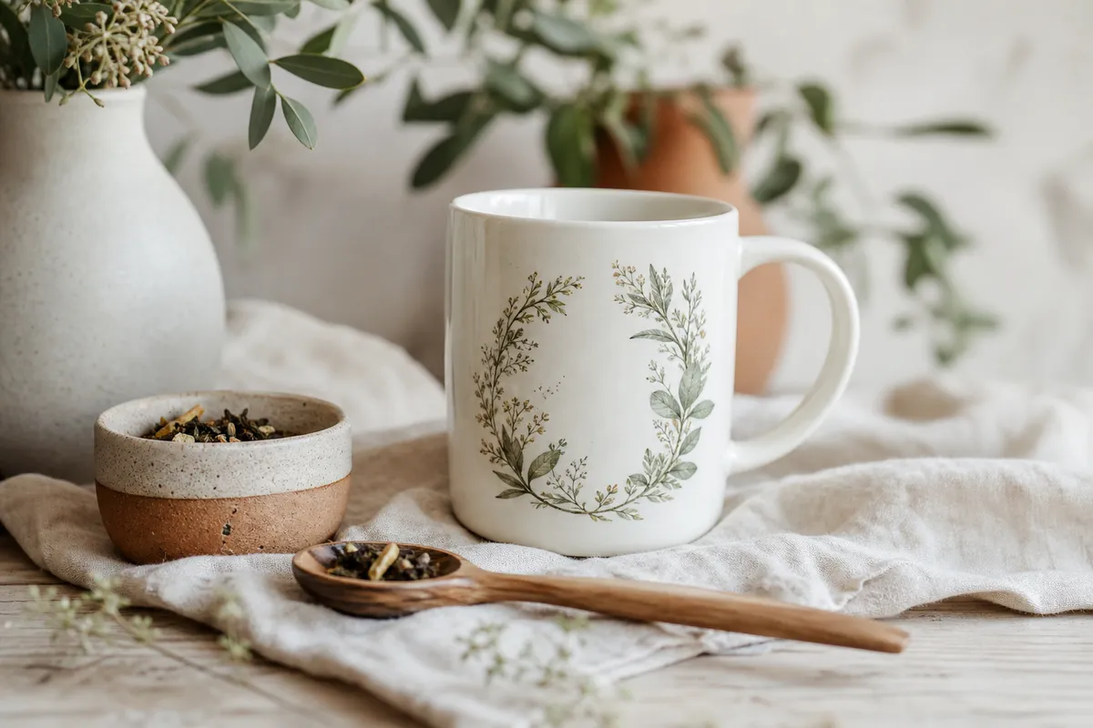 White botanical mug beside a pot of loose leaf tea on linen