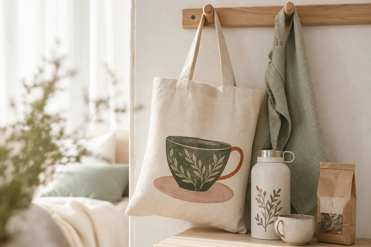 Natural cotton tote with a teacup design beside a flask and a bag of tea