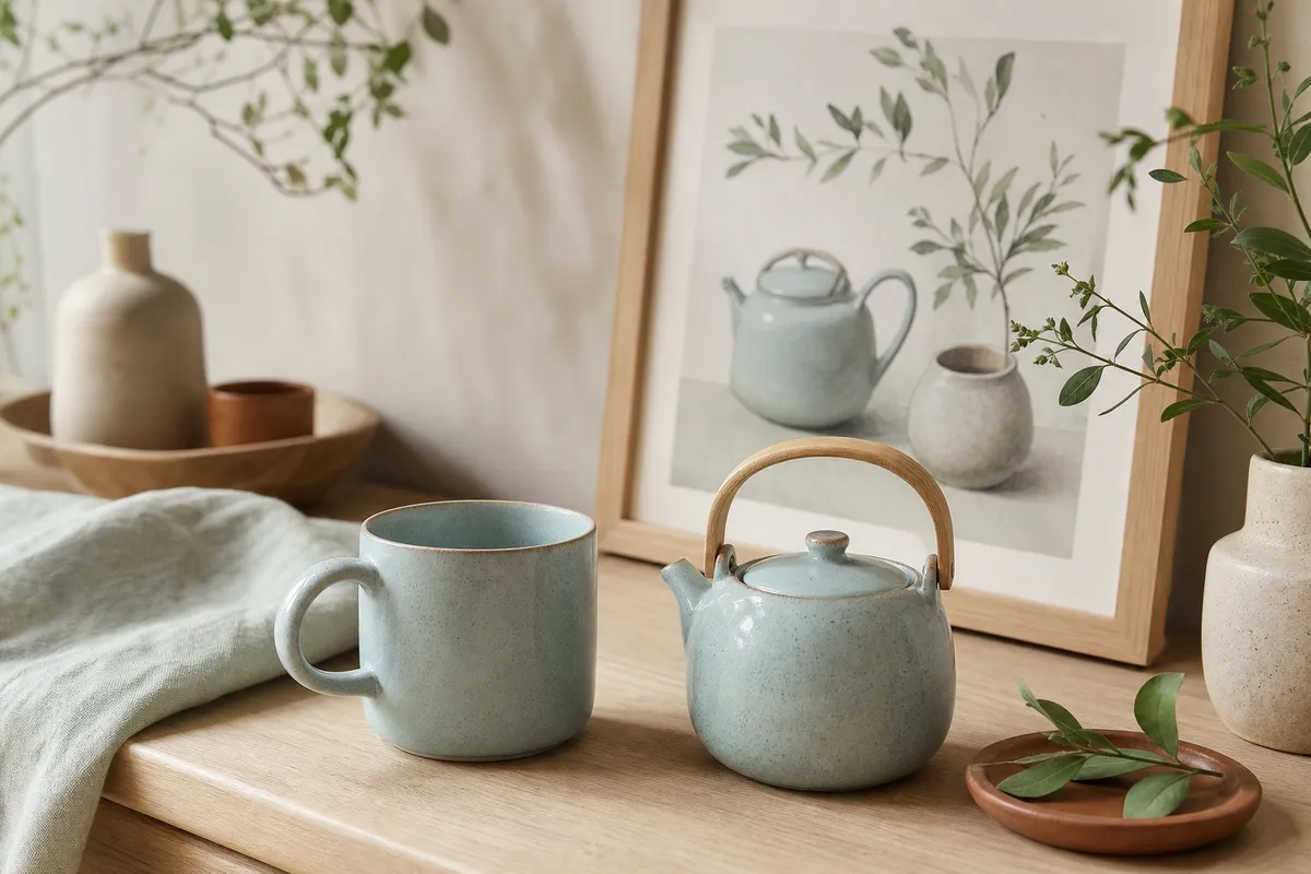 Powder blue mug beside a small teapot and a framed tea print on a kitchen bench