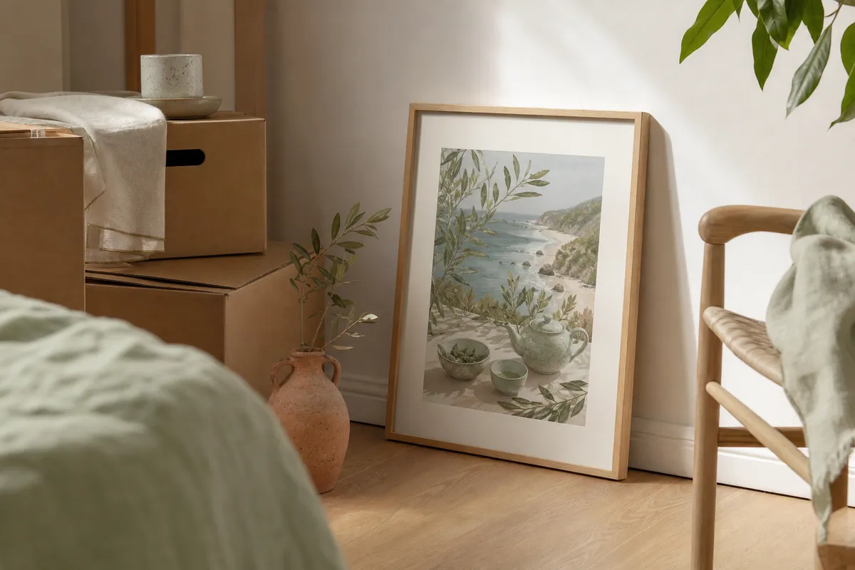 Framed coastal print leaning against a bare wall beside moving boxes