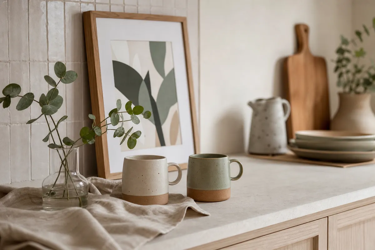 Two ceramic mugs and a small framed print on a new kitchen bench