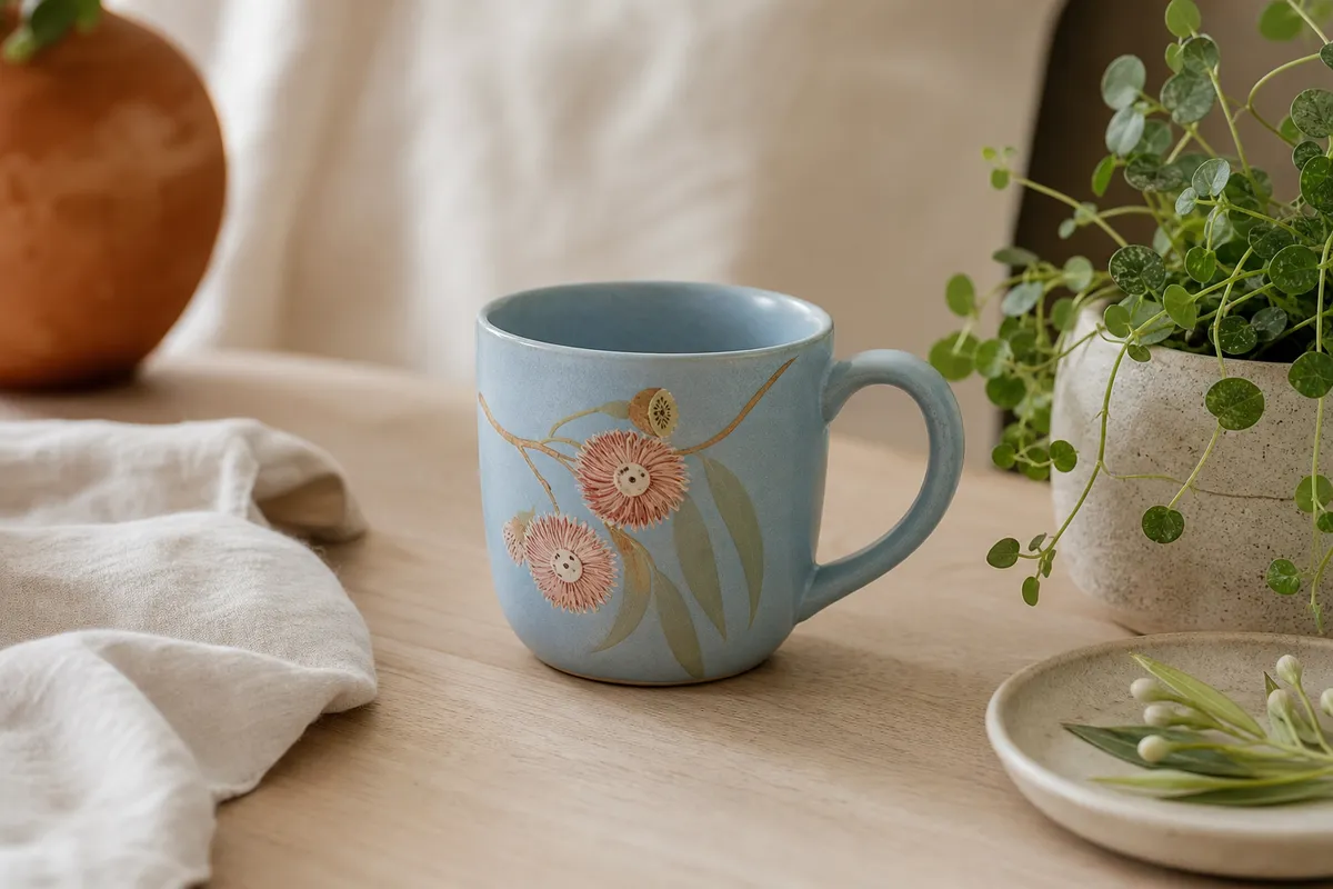 Powder blue mug with a gum blossom design beside a small plant