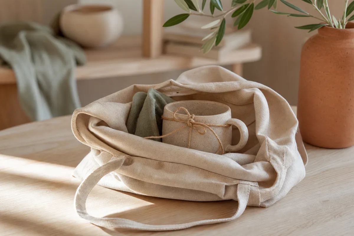 Natural tote bag with a mug tucked inside tied with string