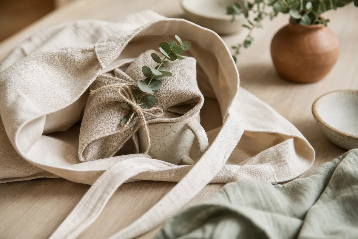 Cotton tote holding a linen wrapped mug tied with string and eucalyptus