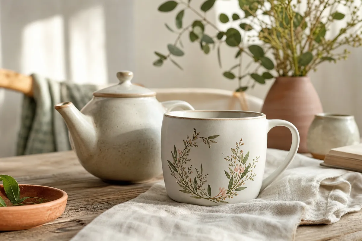 White ceramic mug with a botanical wreath beside a teapot on a timber table