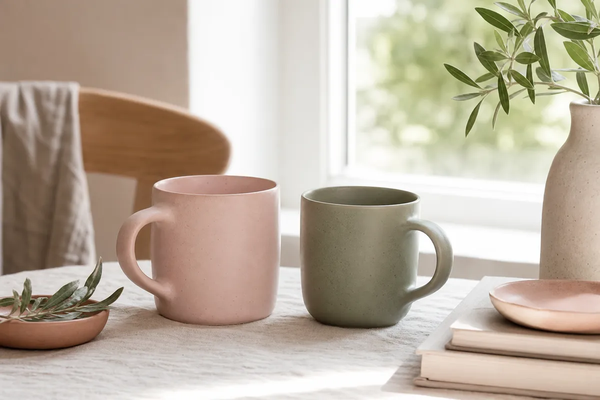 Blush pink and sage green mugs side by side on linen near a window