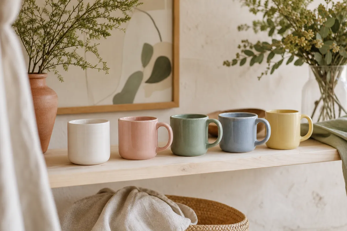 Five ceramic mugs in soft colours lined up on a pale timber shelf