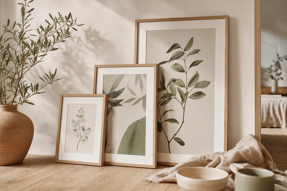 Three framed prints in different sizes leaning against a pale wall
