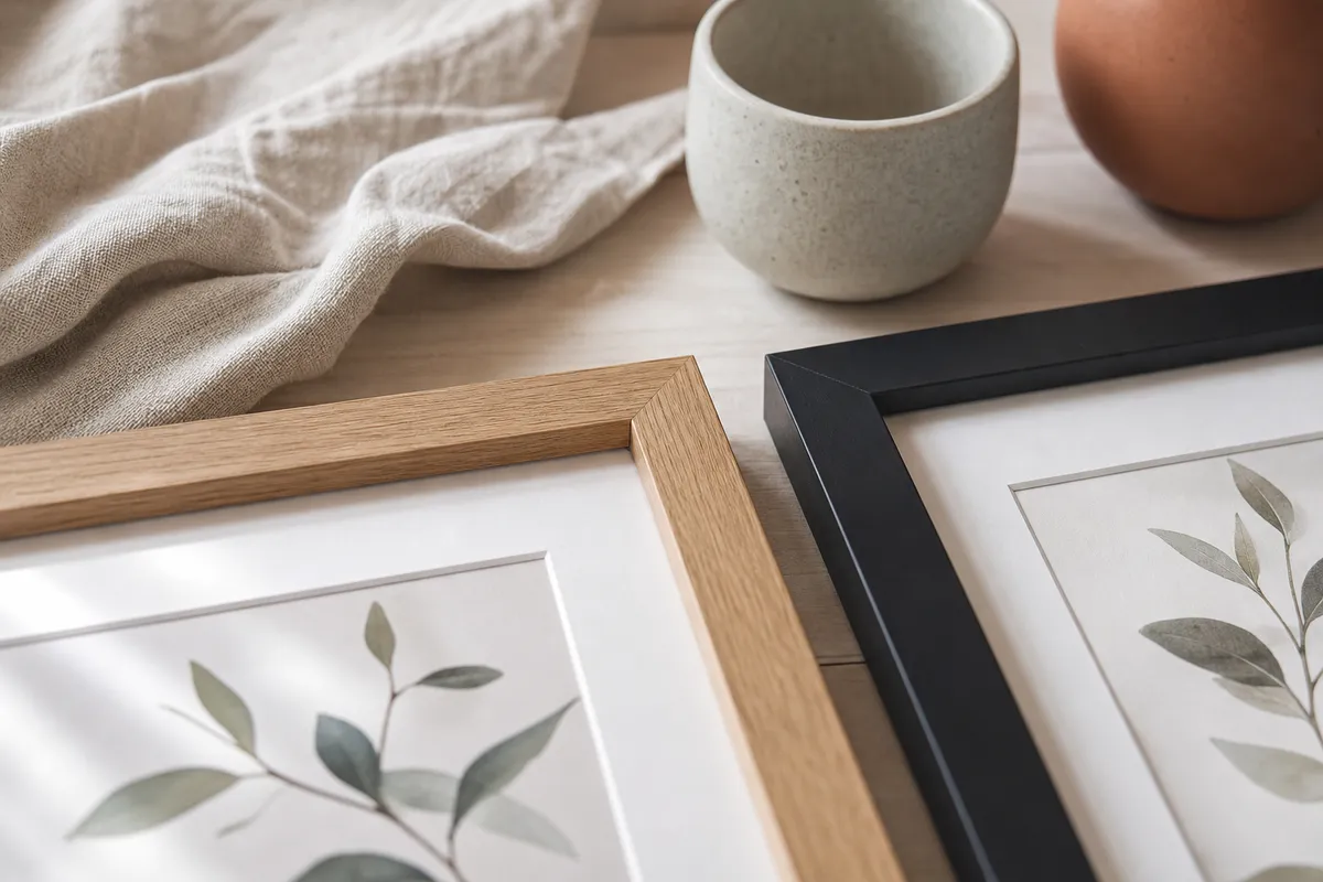 Corners of an oak frame and a black frame side by side on timber