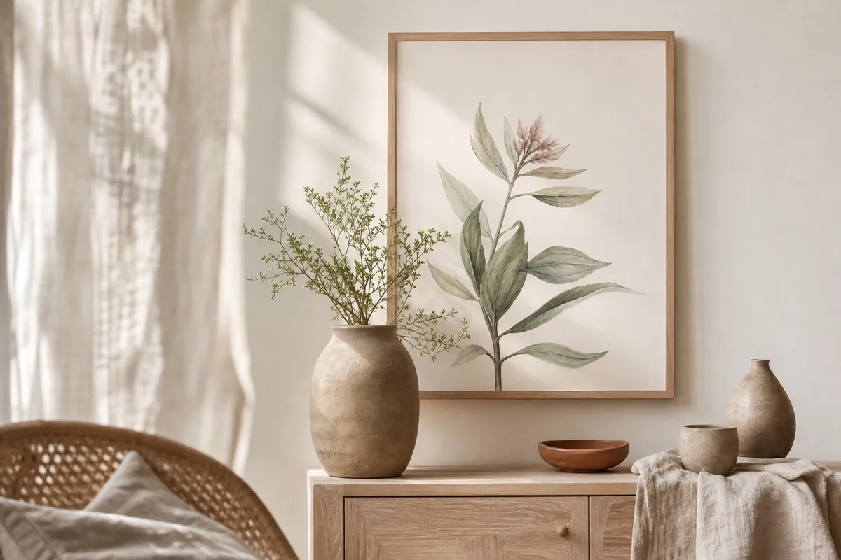 Large framed botanical print on a pale wall above a timber console and vase