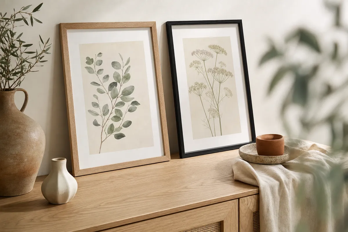 Two botanical prints in oak and black frames on a timber sideboard