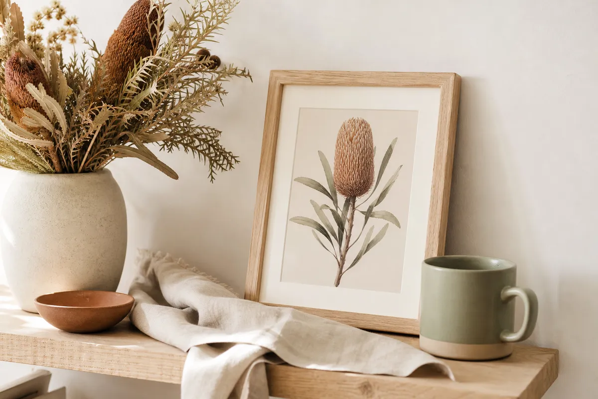Small framed print beside a vase of dried native stems and a sage mug