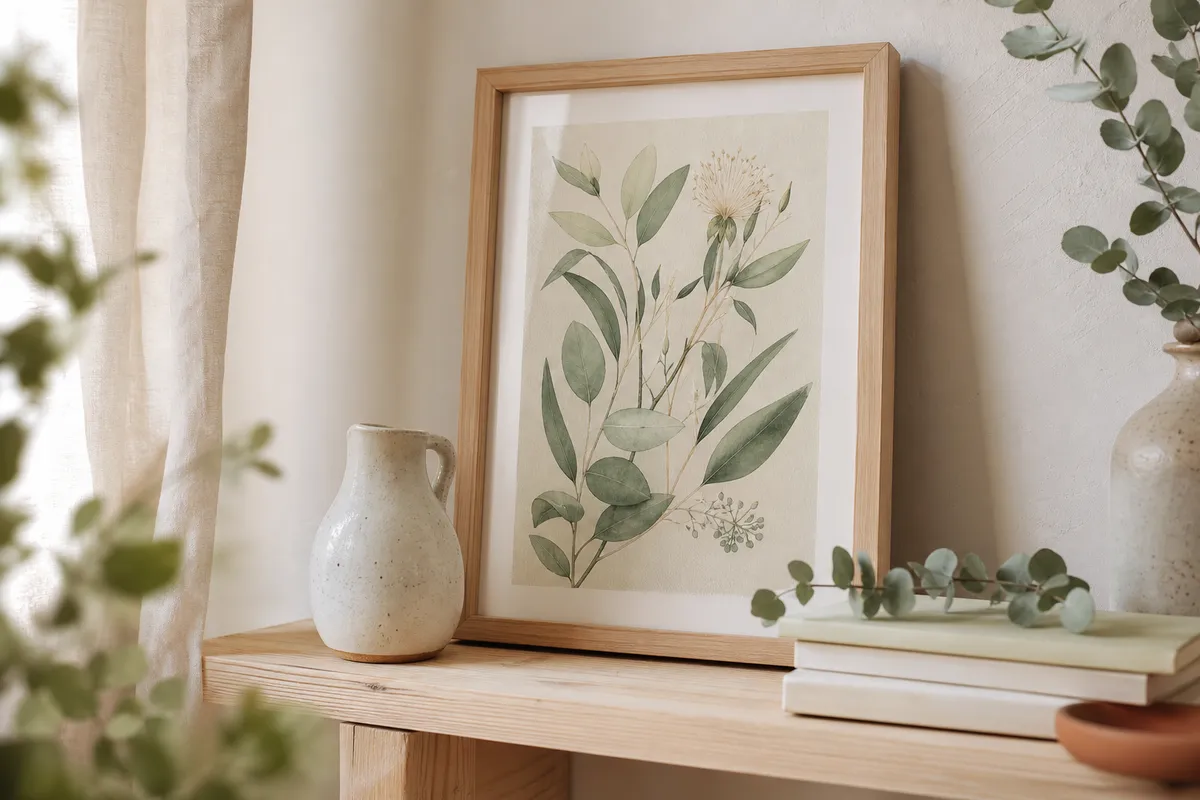 Framed botanical print on a timber shelf with a ceramic jug, books and eucalyptus