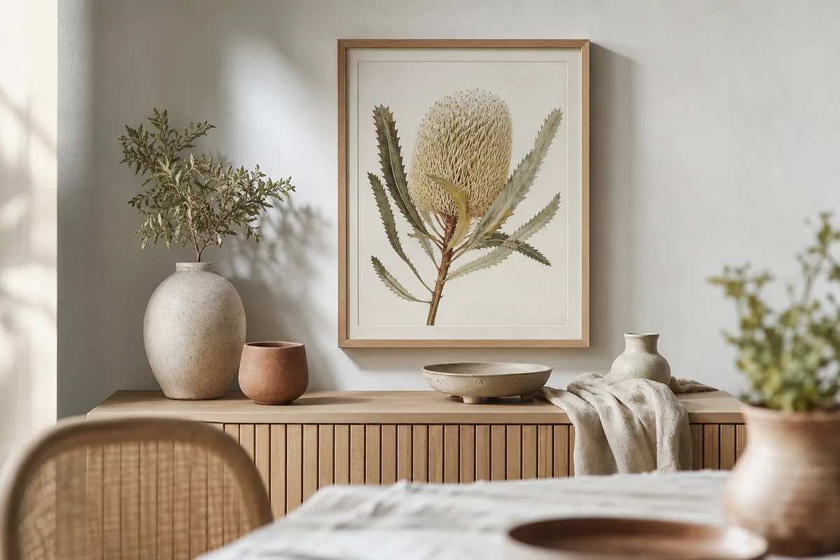 Banksia botanical print in an oak frame above a timber sideboard