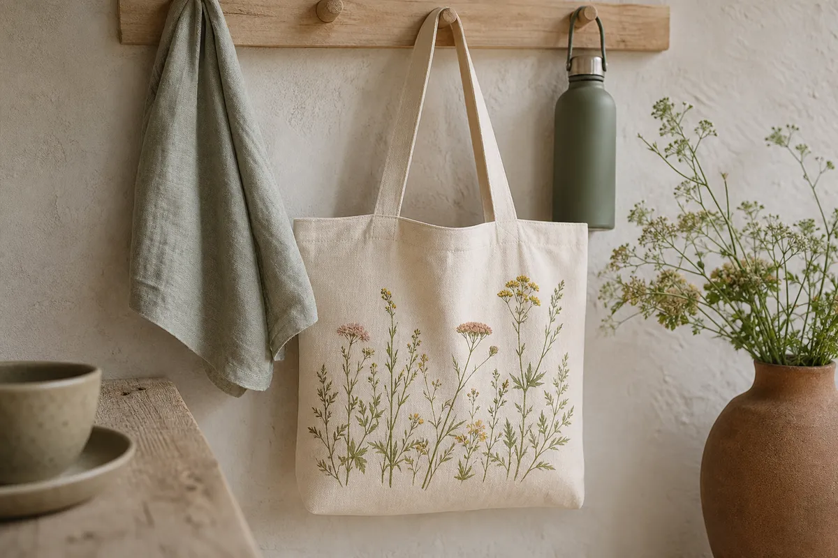 Cotton tote bag with a wildflower meadow design hanging on a hook