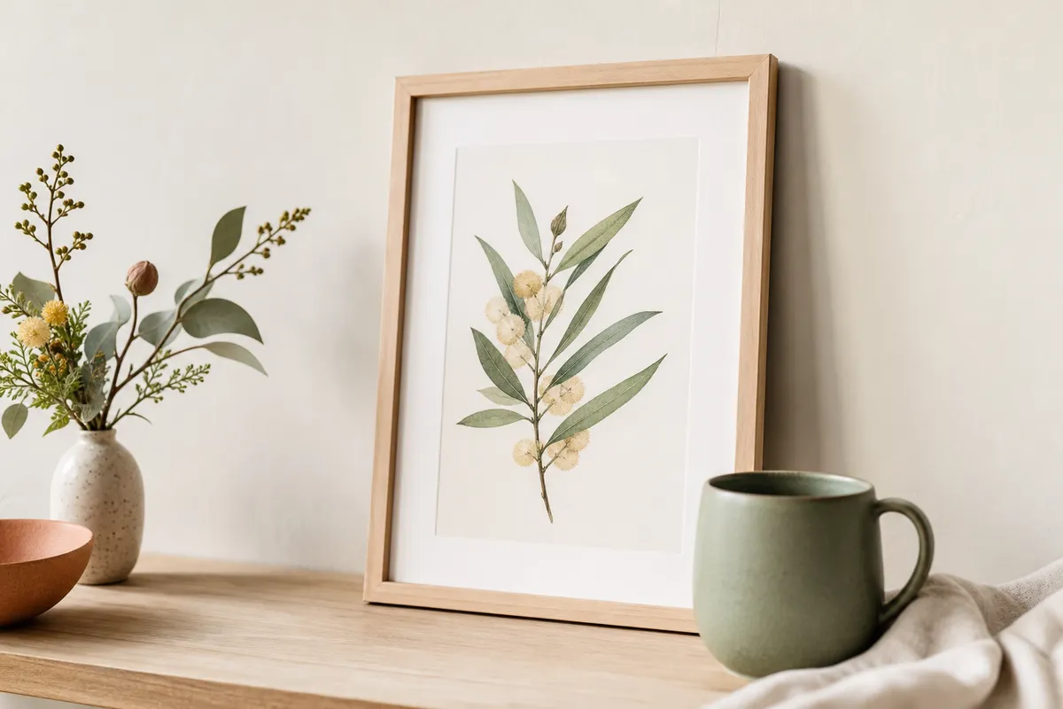 Framed botanical print beside a sage green mug and a posy of wattle on a pale timber shelf