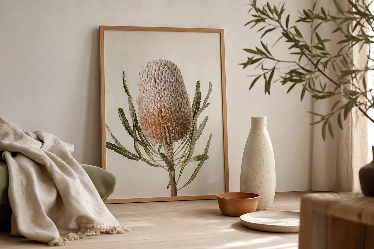 Framed banksia print leaning against a wall with a linen throw