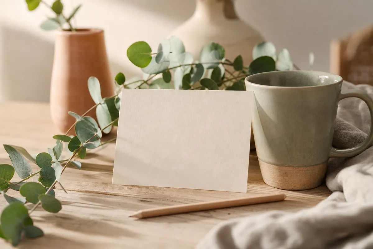 Blank cream card, pencil and mug on a timber table