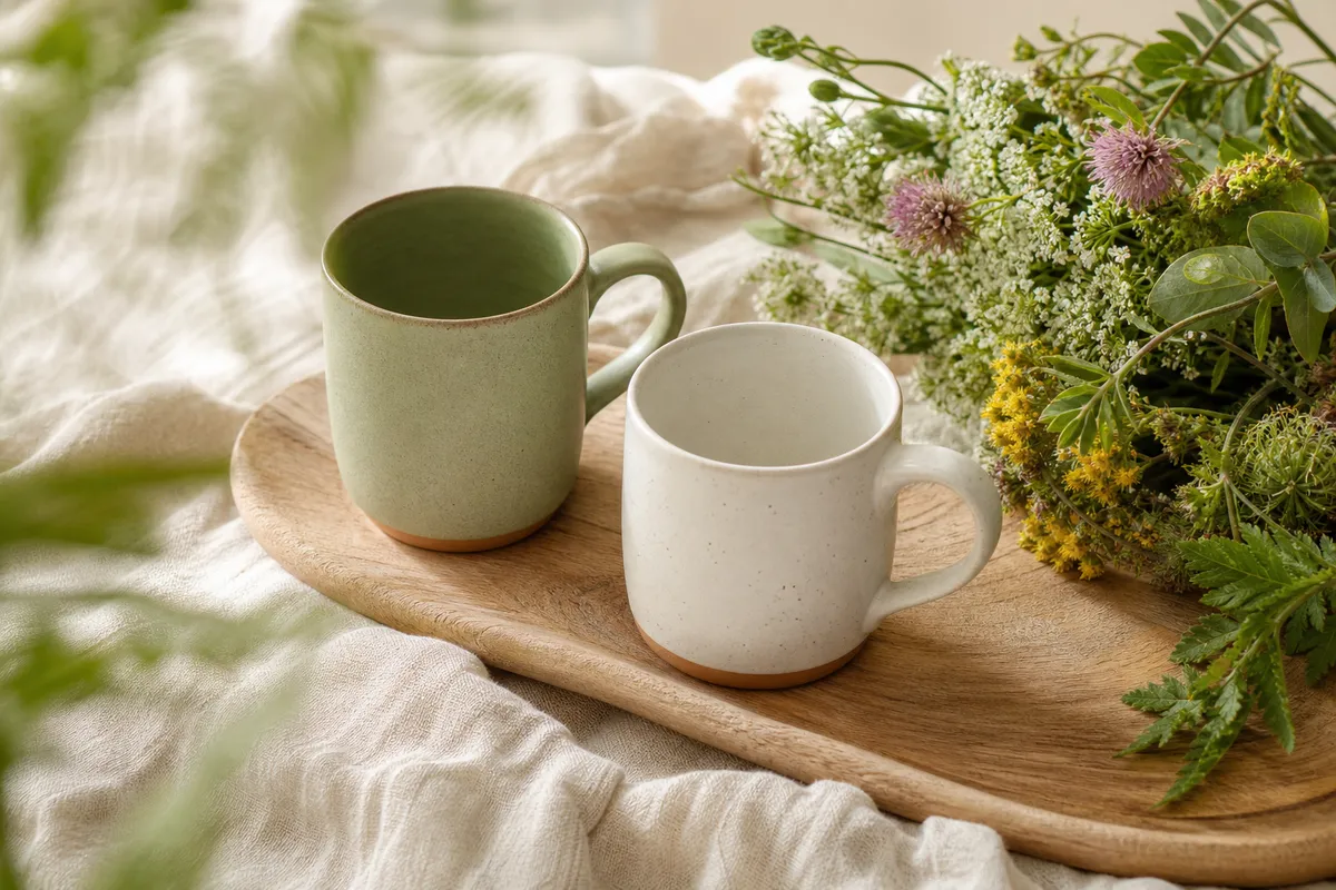 Two ceramic mugs on a timber tray beside a small posy of wildflowers