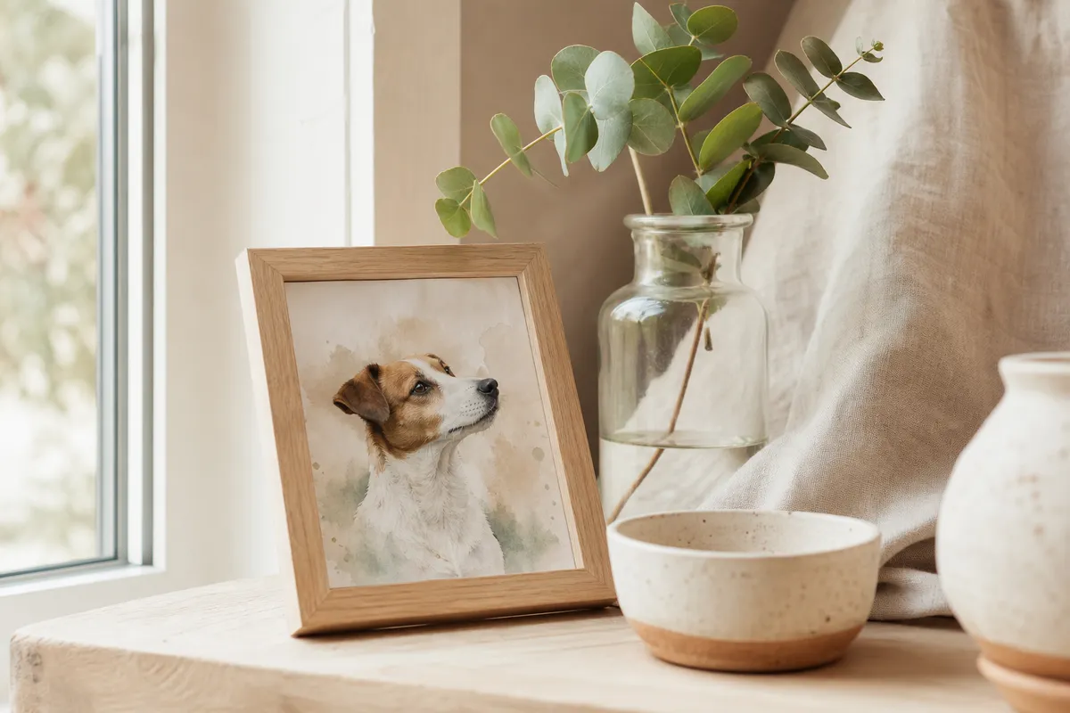 Small framed pet print on a windowsill with a eucalyptus sprig