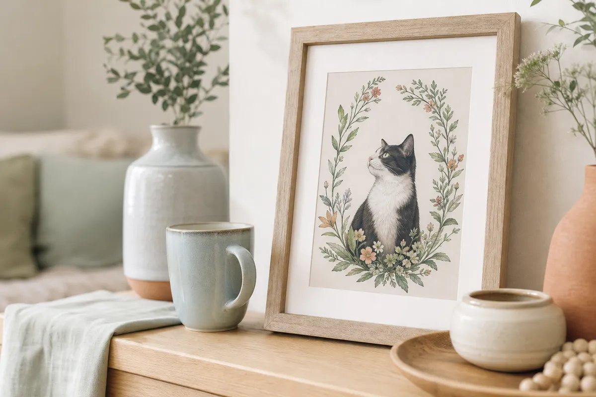 Framed cat memorial illustration beside a pale blue mug on a console table