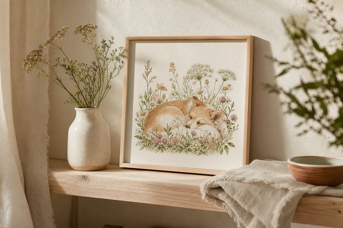 Framed pet memorial illustration on a timber shelf beside a small ceramic vase