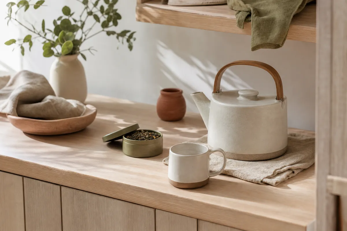 Tidy kitchen bench with a kettle, mug and tin of tea ready