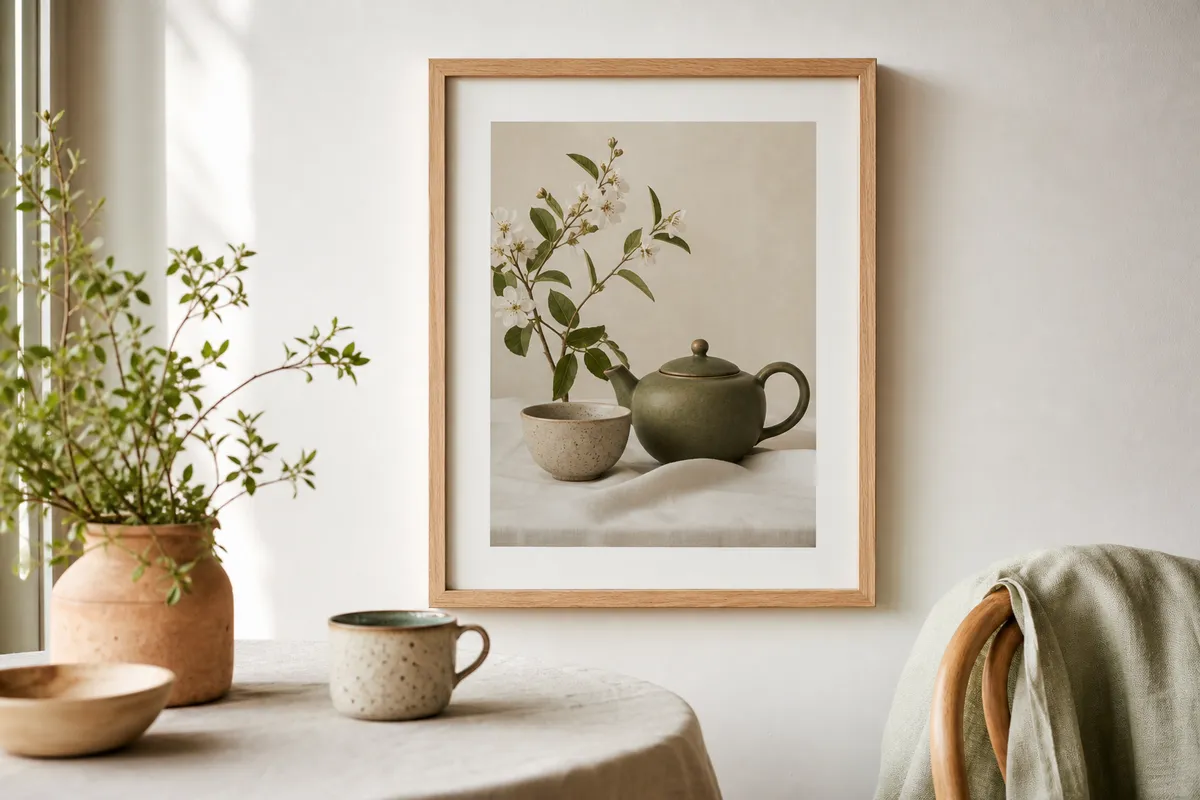 Framed teapot print above a small table with a mug and a plant